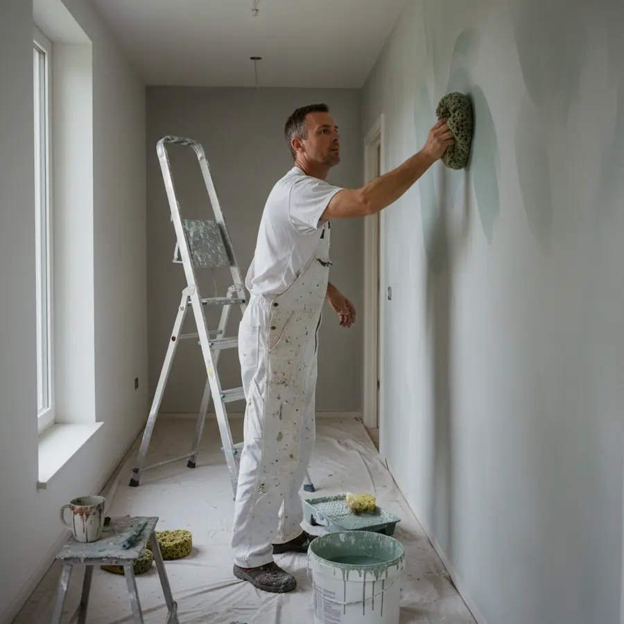 Wischtechnik Wand: Anleitung, Muster & Kosten beim Maler - Photo Wischtechnik Wand: Maler trägt Lasur im Hausflur im Modernisierungsprozess auf
