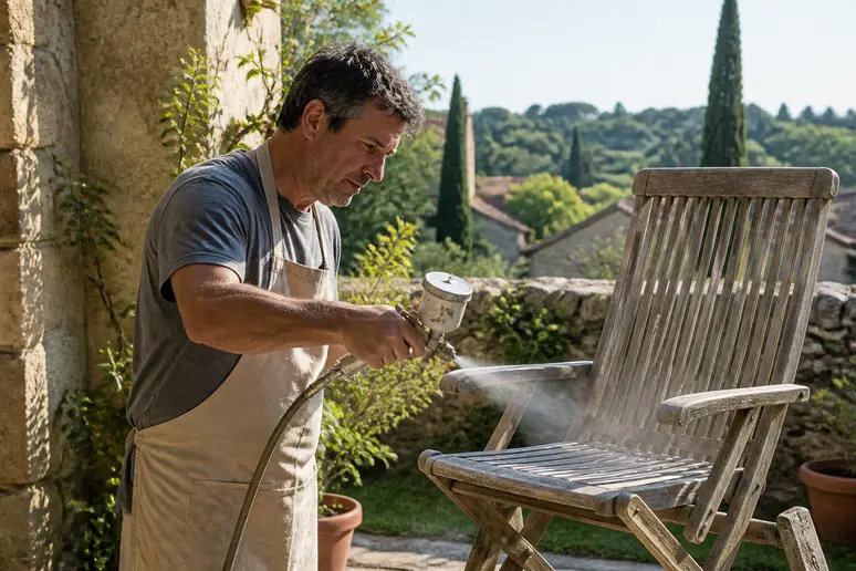 Un homme peint une chaise de jardin en bois sur une terrasse ensoleillée, style reportage.