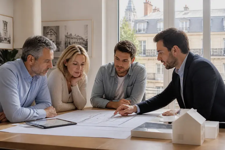 Un architecte discute de plans de rénovation avec un couple et un jeune homme dans un bureau lumineux.