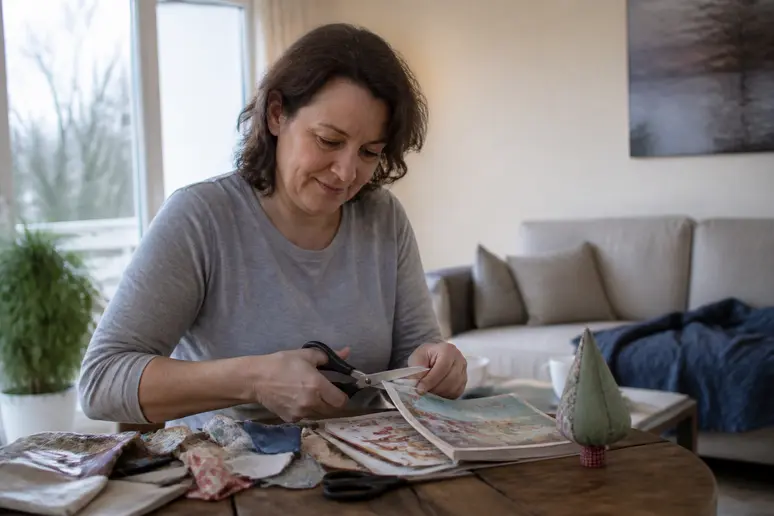 Une femme découpe un patron dans un magazine de loisirs créatifs, entourée de matériel de bricolage.