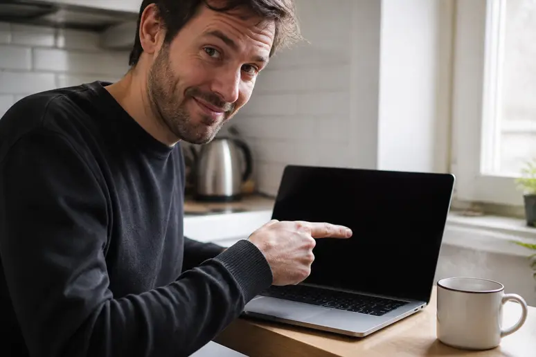 Un homme consulte un abonnement de magazine sur son ordinateur portable, une tasse de café à proximité.
