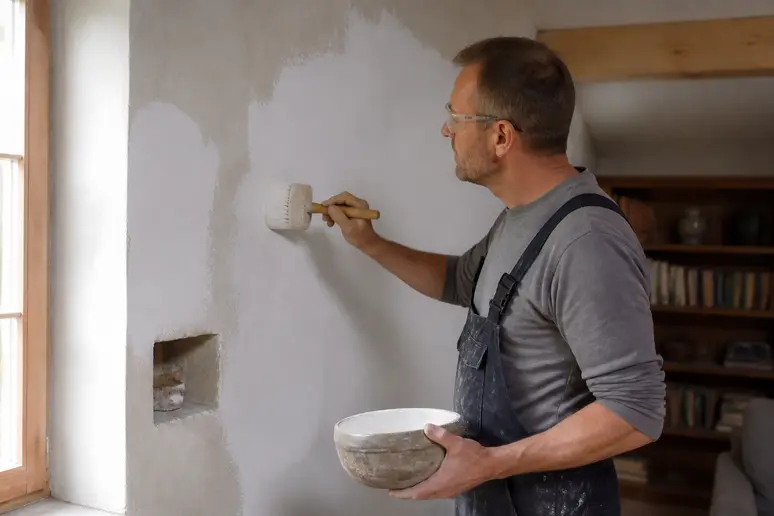 Handwerker trägt umweltfreundliche Leimfarbe auf eine Wand in einem rustikalen Wohnzimmer auf. Materialien sind natürlich und atmungsaktiv.