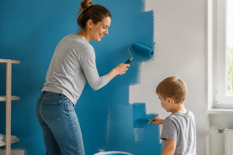 Familie in Solingen renoviert ein Kinderzimmer mit heller Dispersionsfarbe für einen schnellen und vielseitigen Anstrich.
