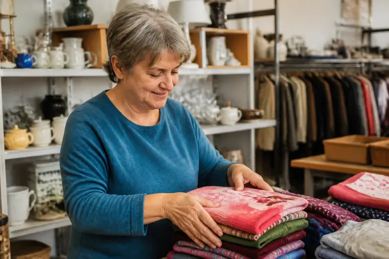 Eine Frau sortiert sorgfältig Kinderkleidung in einem Sozialkaufhaus, umgeben von einem vielfältigen Angebot an Haushaltswaren und Bekleidung für alle Altersgruppen.