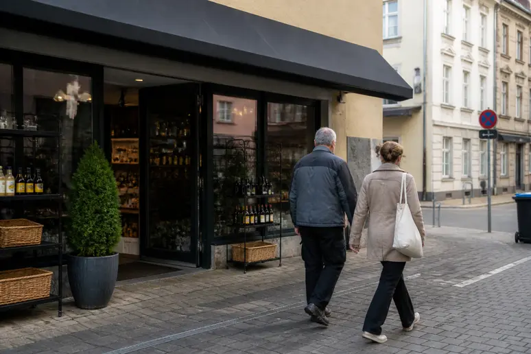 Der Eingangsbereich von 'Der Laden Siegen' in Siegen, Deutschland, mit Passanten, die das Sozialkaufhaus betreten, das eine breite Palette von Waren anbietet.
