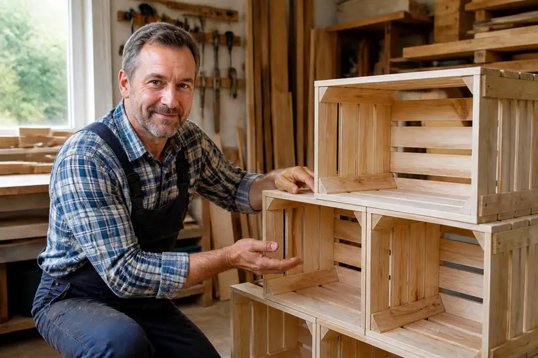 Ein Mann baut in seiner Werkstatt ein Regal aus Holzkisten, detaillierte Anleitung für Heimwerker.
