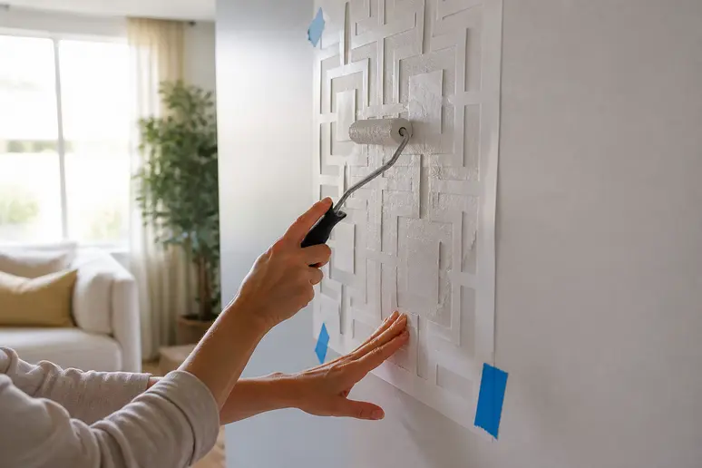 Hände einer Frau mit Schablone und Farbrolle gestalten eine Wand mit geometrischen Mustern für ein DIY-Projekt.