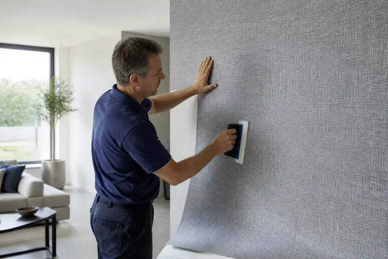 Ein erfahrener Handwerker tapeziert fachmännisch eine Wand in einem stilvollen Wohnzimmer, um Langlebigkeit zu gewährleisten.