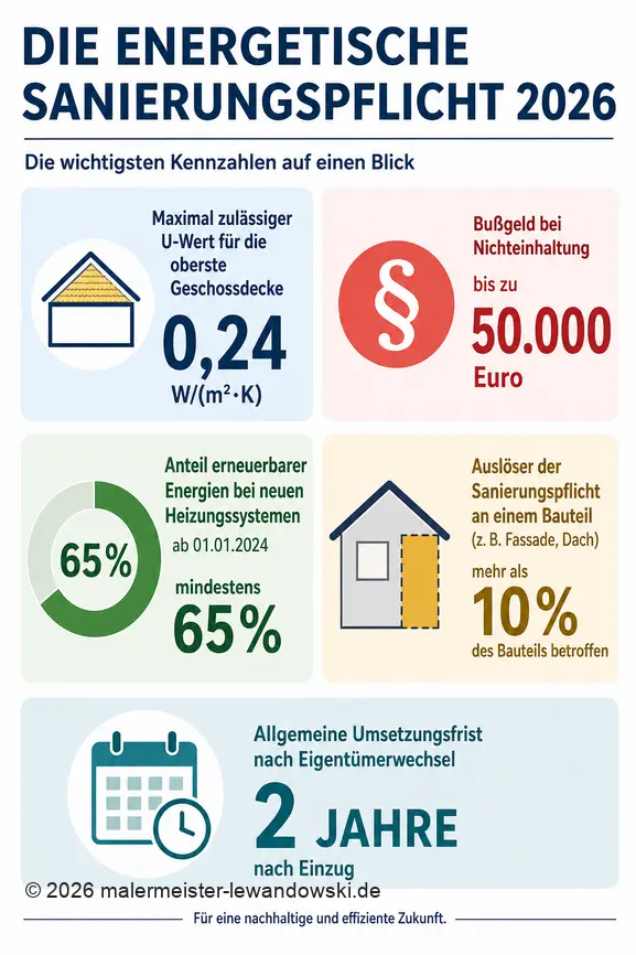 Infografik zu den Kernzahlen der energetischen Sanierungspflicht 2026 mit Fristen, Grenzwerten und Bußgeldern.
