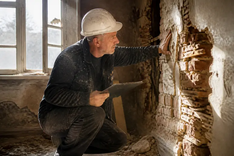 Ein Handwerker prüft mit einer Kelle die Bausubstanz eines alten Gebäudes in einem renovierungsbedürftigen Raum mit viel Staub.