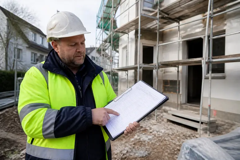 Ein Bauleiter in Solingen bespricht die Kostenschätzung für einen Fassadenanstrich auf einer Baustelle.