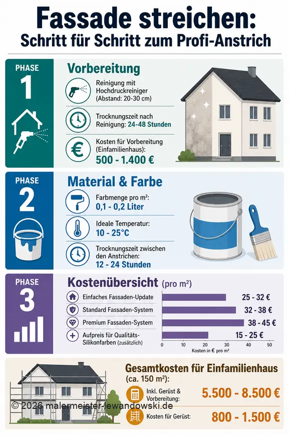 Infografik zeigt die Schritte und Kosten für das Streichen einer Fassade, von der Vorbereitung bis zur fertigen Farbe.