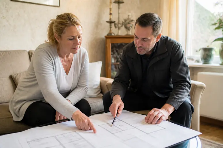 Hausbesitzerin in Solingen bespricht detaillierte Sanierungspläne und Kostenvoranschläge mit Bauleiter im Wohnzimmer.