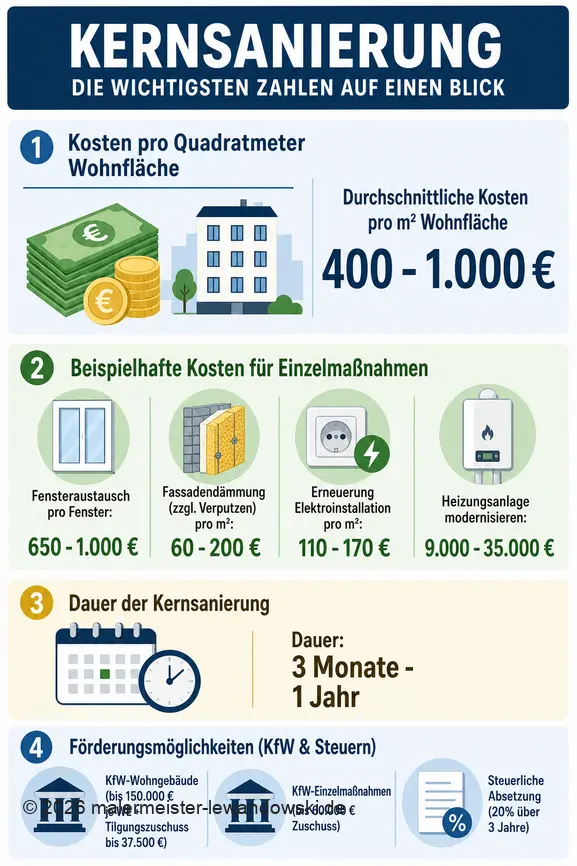 Infografik mit Kosten und Förderungen für Kernsanierungen: Kosten pro m², Fenster, Fassade, Elektro, Heizung, Dauer und KfW-Programme.