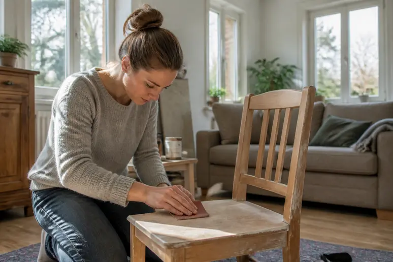 Eine Frau in einem deutschen Wohnzimmer bereitet sorgfältig einen Holzstuhl für das Lackieren vor, indem sie die Oberfläche anschleift.