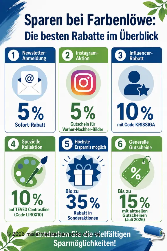 Infographie illustrant les différentes réductions et codes promotionnels pour économiser chez Farbenlöwe.
