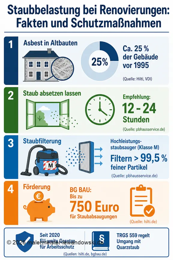 Infografik mit Fakten zu Staubexposition bei Renovierungen: Asbest, Wartezeiten, Filterung und Förderungen.