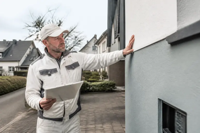 Ein Maler in Solingen prüft kritisch die Qualität einer frisch gestrichenen Fassade, bewertet die Haftung und das Finish des Anstrichs.