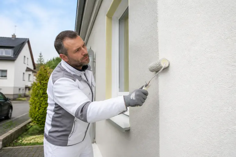 Ein Handwerker trägt Renovo Fassadenfarbe mit einer Rolle auf eine Hauswand auf, achtet auf gleichmäßige Verteilung und Langlebigkeit.