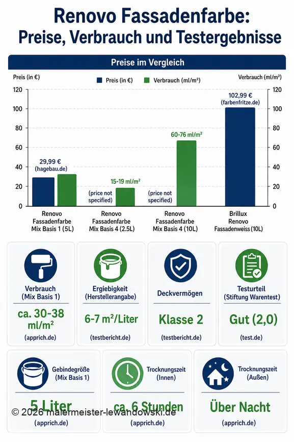Vergleich von Renovo Fassadenfarben: Preise, Verbrauch, Deckvermögen und Testergebnisse von Stiftung Warentest.