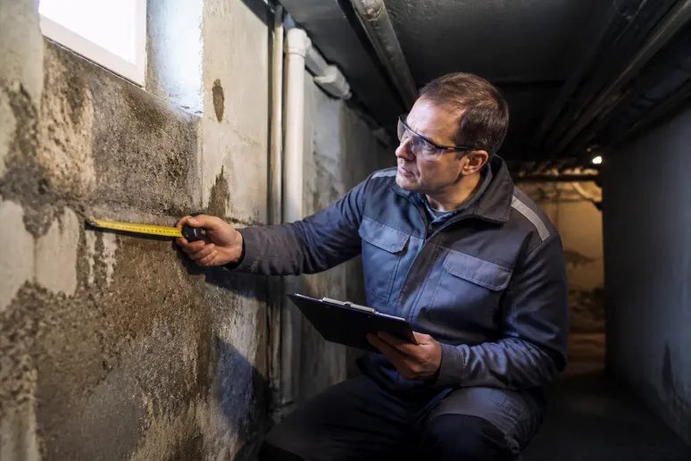 Ein Handwerker prüft sorgfältig eine feuchte Kellerwand mit Messwerkzeug und Notizblock auf einem Solinger Baustellen-Kühlschrank.