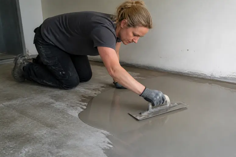 Eine Handwerkerin trägt selbstnivellierende Spachtelmasse auf einem frisch vorbereiteten Kellerboden in Solingen auf.