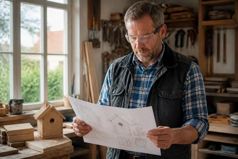 Ein Mann prüft sorgfältig kostenlose Baupläne für ein Vogelhaus in seiner Werkstatt. Einheimischer Handwerker.