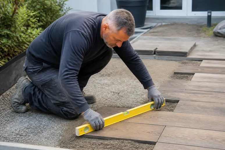Ein erfahrener Handwerker in Deutschland verlegt sorgfältig eine Terrassenplatte in Holzoptik auf einem vorbereiteten Splittbett für eine stabile Gartenfläche.