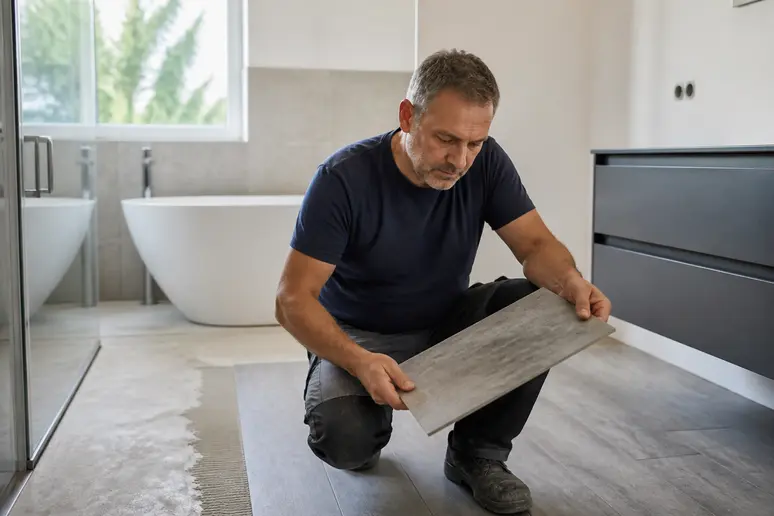 Ein Handwerker in Solingen prüft sorgfältig ein Vinylbodenmuster für Badezimmer unter natürlichem Licht.