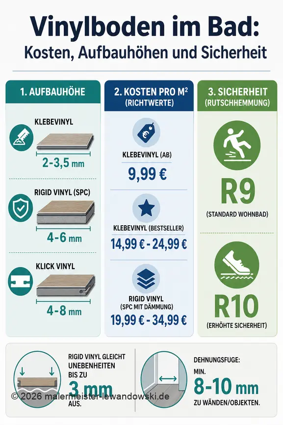 Infographie comparative sur les coûts, hauteurs de pose et valeurs de sécurité des sols en vinyle pour salles de bain.