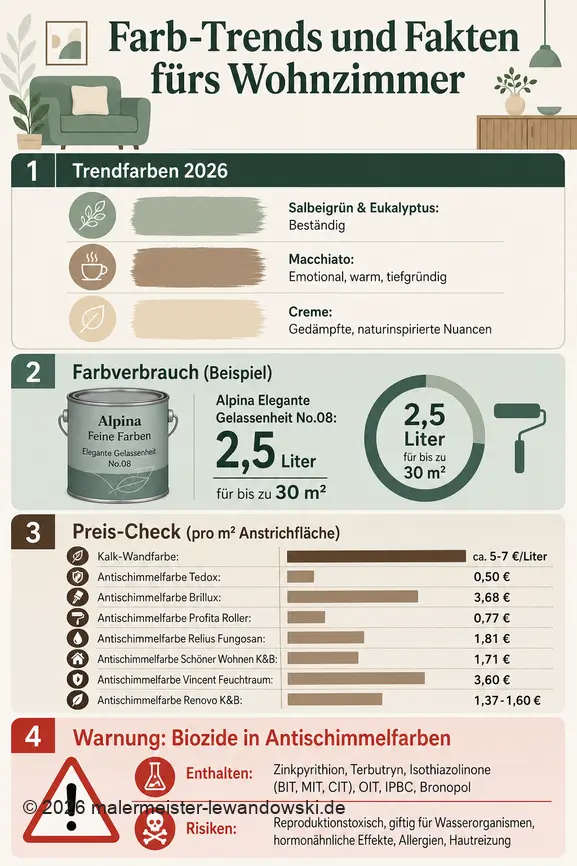 Infografik über Farbtrends, Verbrauch und Preise für Wohnzimmerfarben sowie Warnhinweise zu Antischimmelfarben.