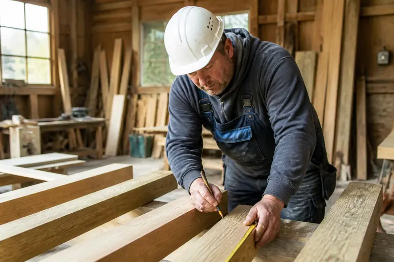Ein Handwerker misst sorgfältig Holzbalken für die Unterkonstruktion einer Holzterrasse in einer Werkstatt.