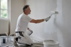 Meister streicht Wand mit weißer Acryl Wandfarbe in Solingen, Deutschland, für glatte Oberflächen.