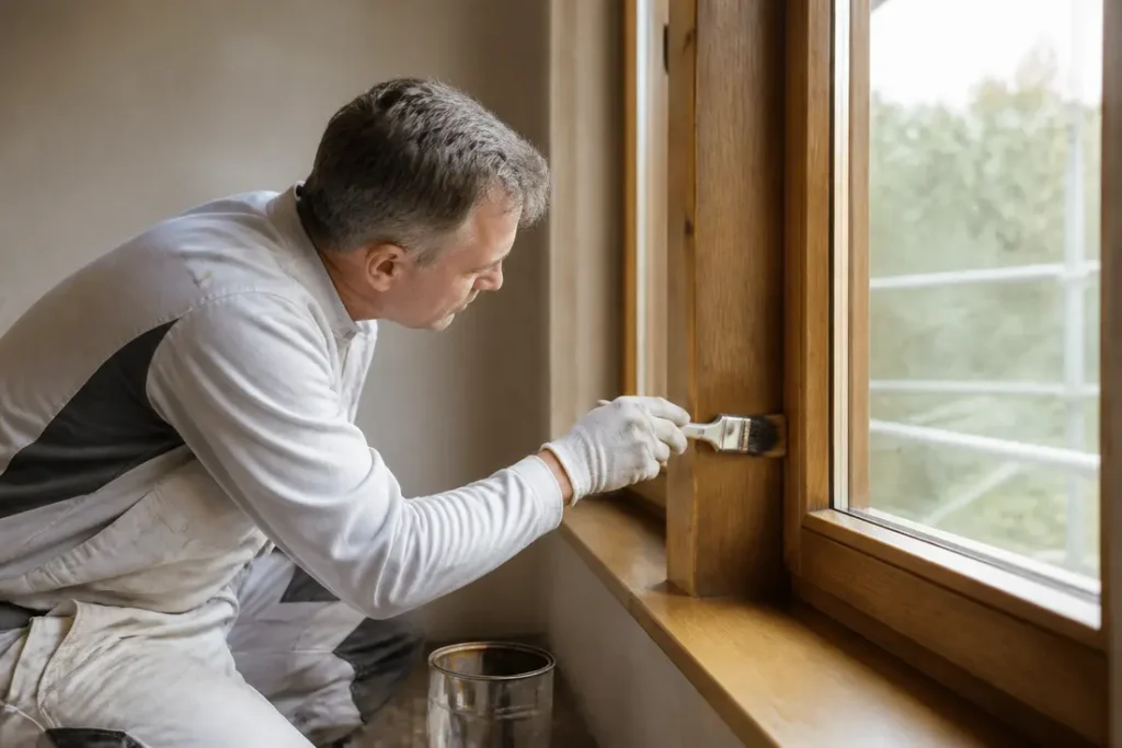 Maler trägt ADLER Lasur auf neues Fensterholz auf in Solingen