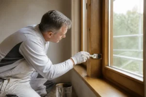 Maler trägt ADLER Lasur auf neues Fensterholz auf in Solingen