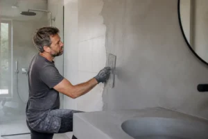 Badrenovierung vorher nachher bilder: Moderner fugenloser Look mit Mikrozement im Badezimmer.