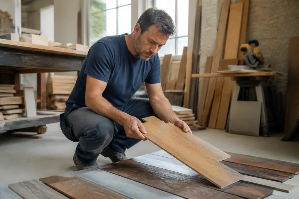 Handwerker prüft Bodenbeläge: Wie realistisch sind Boden verlegen Kosten-Rechner für Angebote.