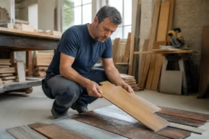 Handwerker prüft Bodenbeläge: Wie realistisch sind Boden verlegen Kosten-Rechner für Angebote.