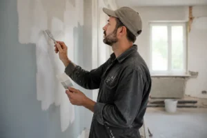 Maler vergleicht verschiedene farbe arten und Materialien an einer Wand im Innenraum, ein Handwerksprojekt.