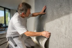 Meistermaler tapeziert eine Wand mit warmer Wollfilz Tapete in einem gemütlichen Wohnzimmer in Solingen.