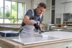 Handwerker trägt Grundierung auf Fliesen auf, Vorbereitung vor dem Fliesenlack – professionelle Malerarbeit in Solingen.