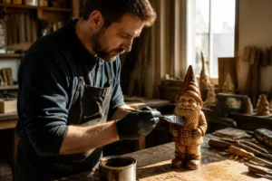 Holzfiguren für den Garten selber machen: Ein Handwerker lasiert eine Holzfigur wetterfest.