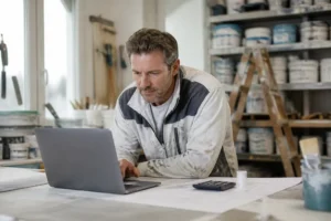 Handwerker erstellt in Solingen ein Kassenbuch in Excel auf dem Laptop im Atelier.