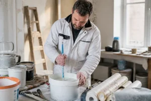 Maler mischt Kleister für Tapete im Handwerker-Atelier, Vorbereitung für Renovierungsarbeiten.