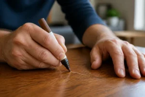 Fachmann bessert Kratzer mit Lackstift auf Holzmöbeln sorgfältig aus, detailreiche Reparatur.