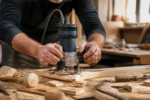 Ein Handwerker benutzt ein Lets Bastel Werkzeug in seiner Werkstatt an einem Holzprojekt.