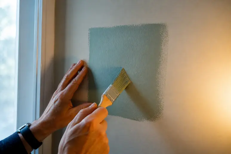 Pinsel mit Farbmuster auf Wand unter verschiedenen Lichtquellen, die Farbveränderung verdeutlichend.
