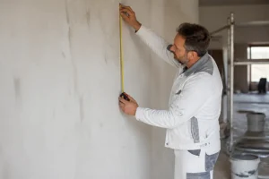 Maler inspiziert Wand: Renovieren oder sanieren? Der Unterschied im Detail. Handwerker prüft Material.