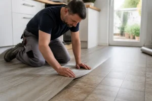 Handwerker renoviert Fliesenboden in Solingen mit neuem Vinylbelag über den alten Fliesen, professionelle Bodenrenovierung ohne Rausreißen.