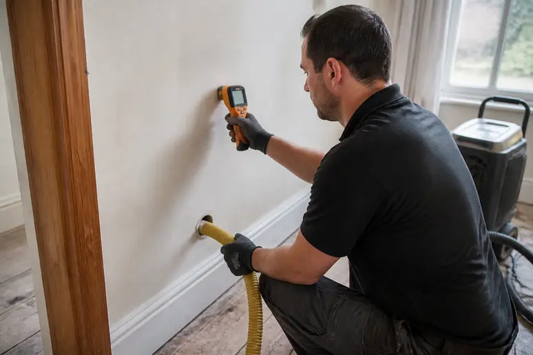 Ein Handwerker führt eine professionelle Hohlraumtrocknung mit Spezialgeräten durch.